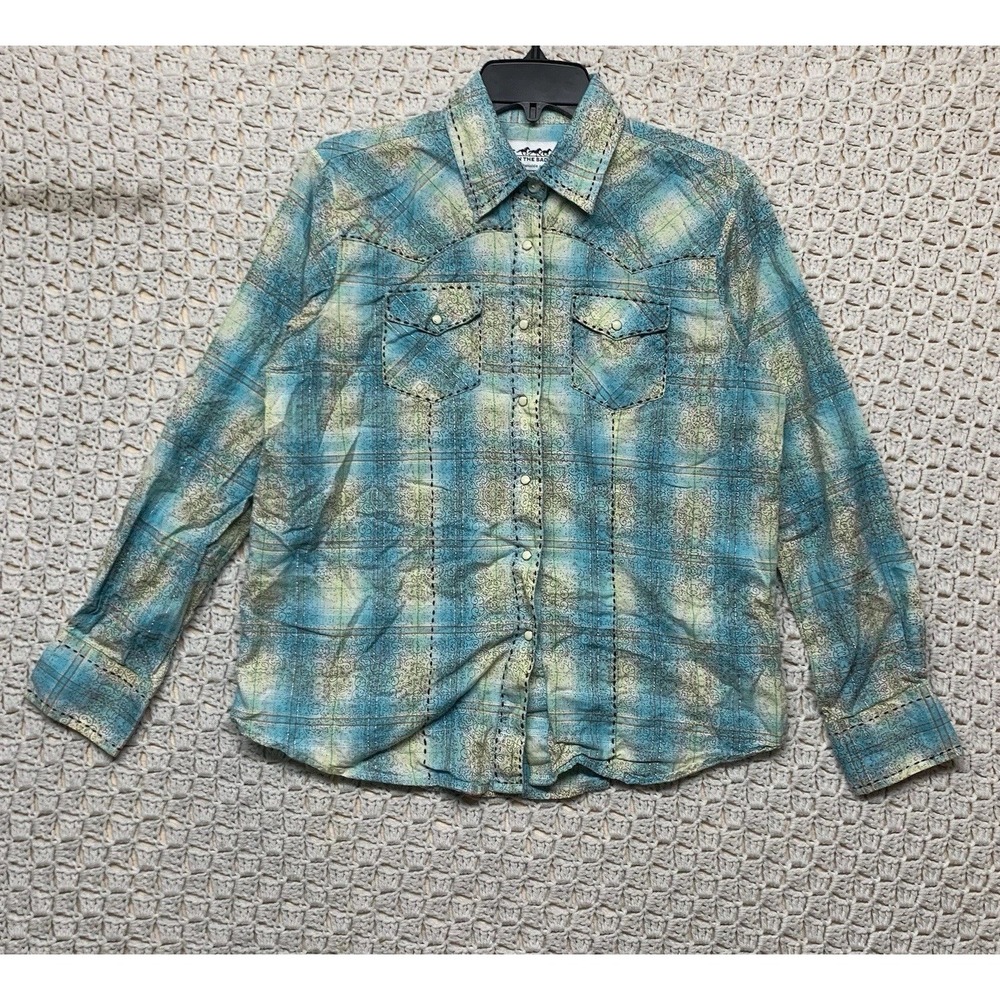 Back In The‎ Saddle Western Shirt Women M Blue Pearl Snap Geometric Cow girl